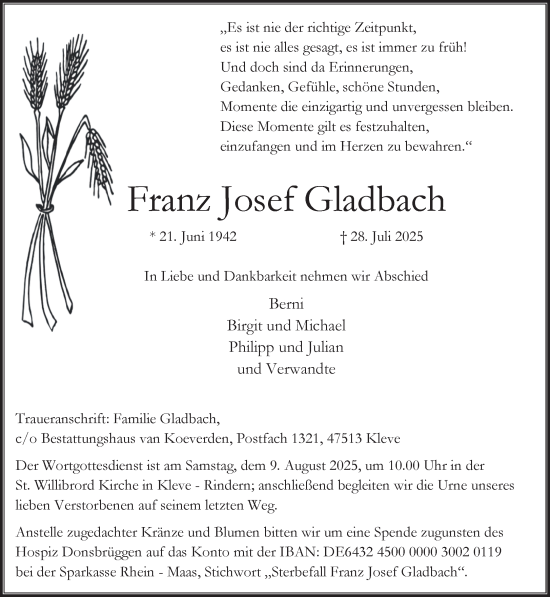 Traueranzeige von Franz Josef Gladbach von NNA