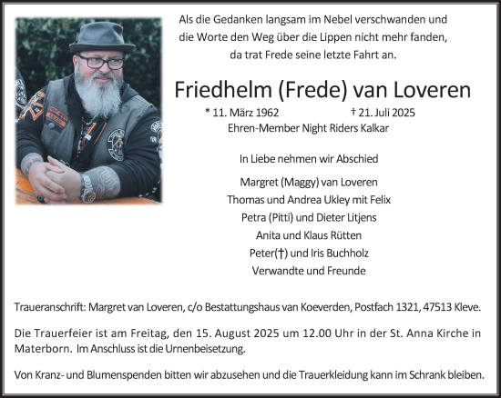 Traueranzeige von Friedhelm van Loveren von NNA