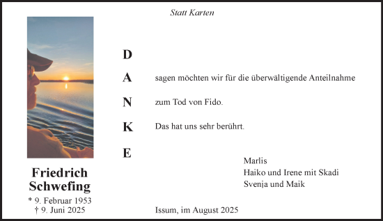 Traueranzeige von Friedrich Schwefing von NNA