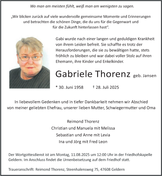 Traueranzeige von Gabriele Thorenz von NNA
