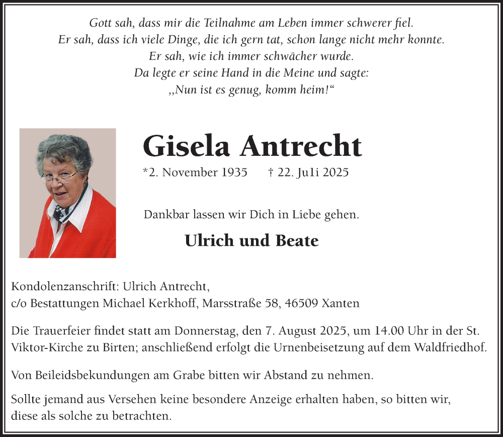  Traueranzeige für Gisela Antrecht vom 02.08.2025 aus NNA