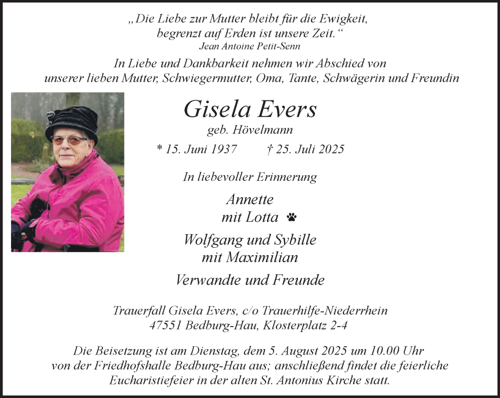  Traueranzeige für Gisela Evers vom 02.08.2025 aus NNA