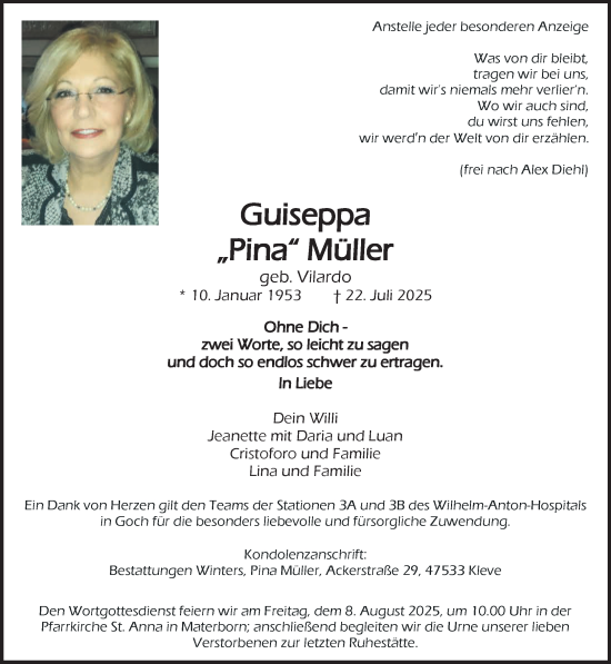 Traueranzeige von Guiseppa Müller von NNA