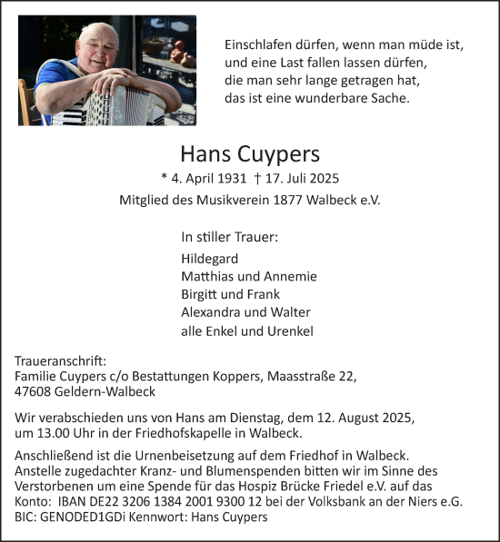 Traueranzeige von Hans Cuypers von NNA