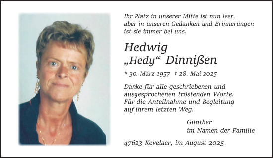 Traueranzeige von Hedwig Dinnißen von NNA