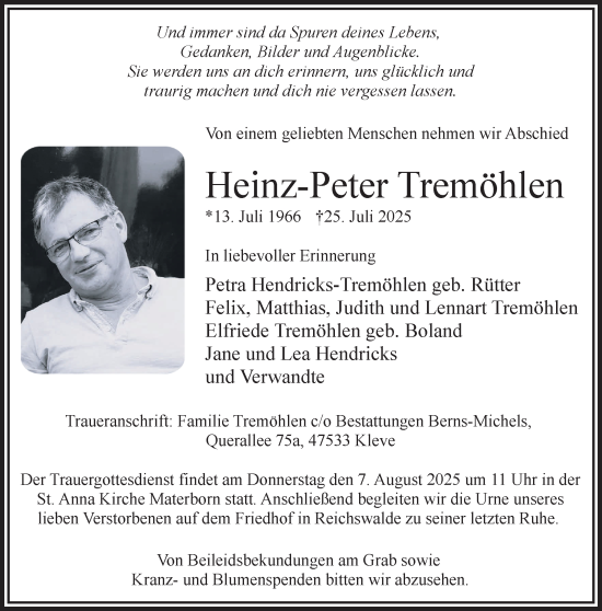 Traueranzeige von Heinz-Peter Tremöhlen von NNA