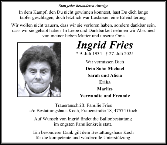 Traueranzeige von Ingrid Fries von NNA