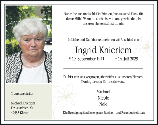 Traueranzeige von Ingrid Knieriem von NNA