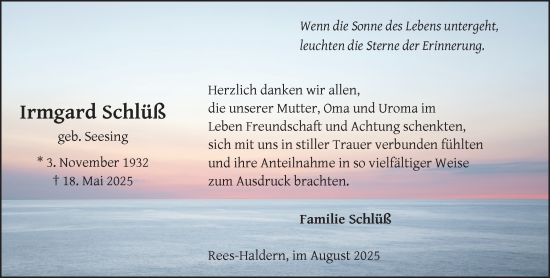 Traueranzeige von Irmgard Schlüß von NNA