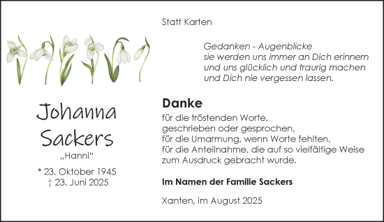 Traueranzeige von Johanna Sackers von NNA