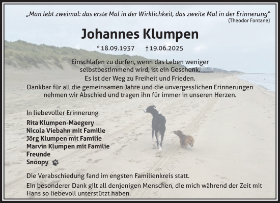 Traueranzeige von Johannes Klumpen von NNA