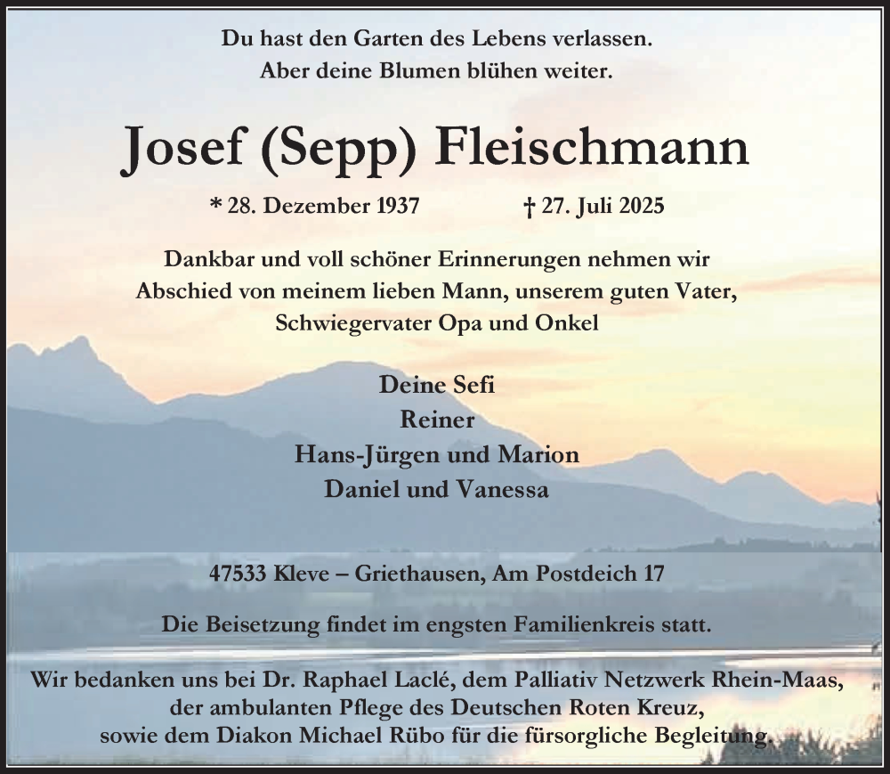  Traueranzeige für Josef Fleischmann vom 02.08.2025 aus NNA