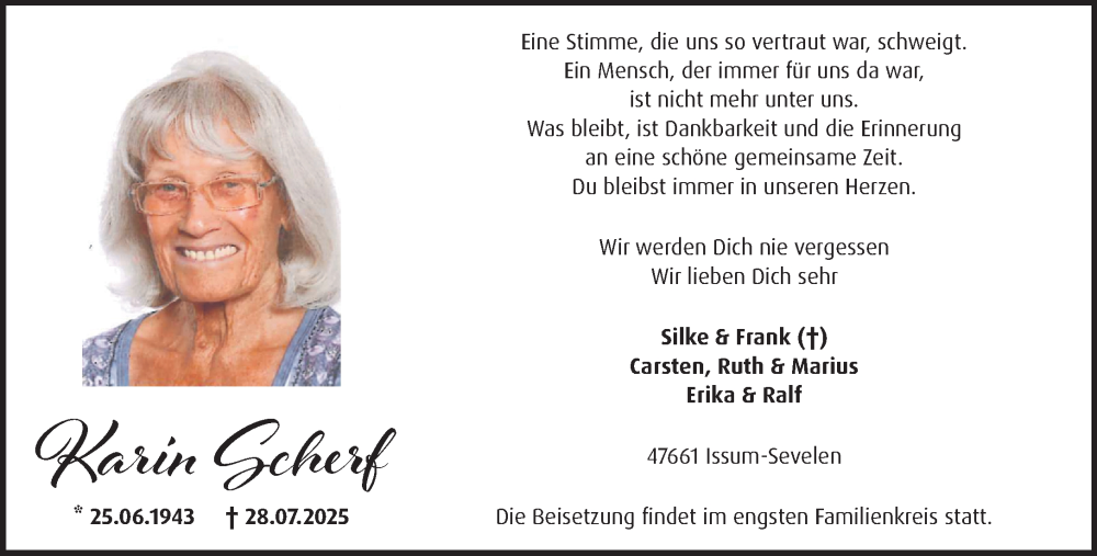  Traueranzeige für Karin Scherf vom 02.08.2025 aus NNA