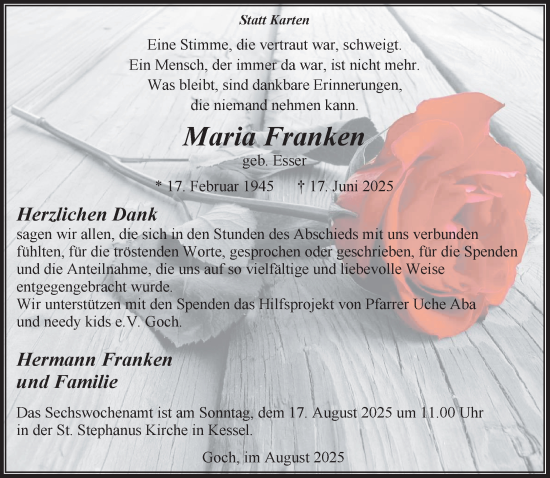 Traueranzeige von Maria Franken von NNA