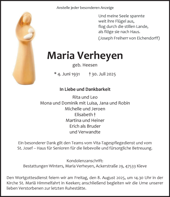 Traueranzeige von Maria Verheyen von NNA