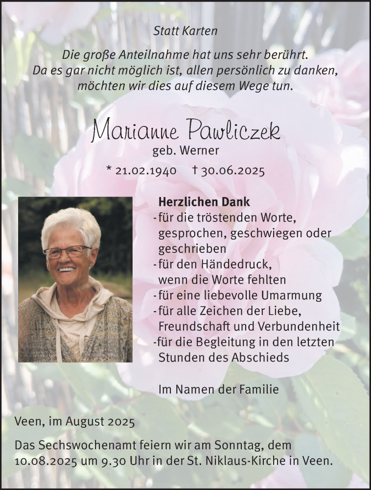  Traueranzeige für Marianne Pawliczek vom 02.08.2025 aus NNA