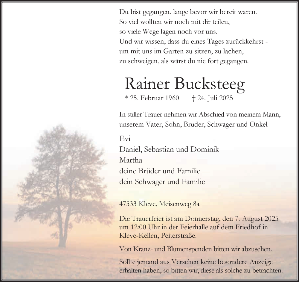  Traueranzeige für Rainer Bucksteeg vom 02.08.2025 aus NNA