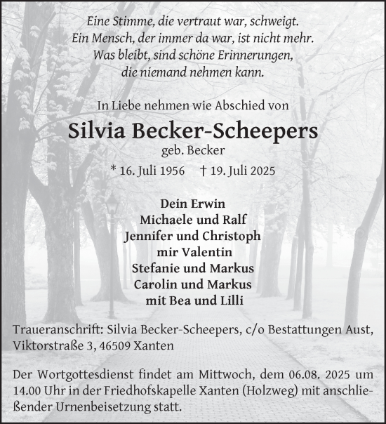 Traueranzeige von Silvia Becker-Scheepers von NNA