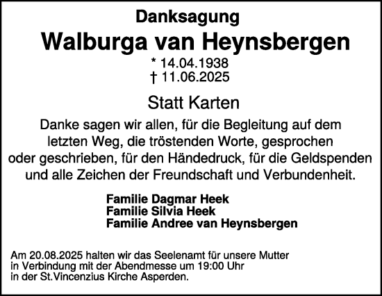 Traueranzeige von Walburga van Heynsbergen von NNA