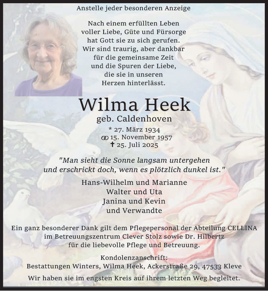  Traueranzeige für Wilma Heek vom 02.08.2025 aus NNA