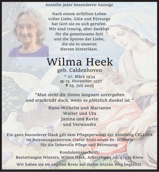 Traueranzeige von Wilma Heek von NNA