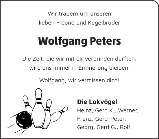 Traueranzeige von Wolfgang Peters von NNA