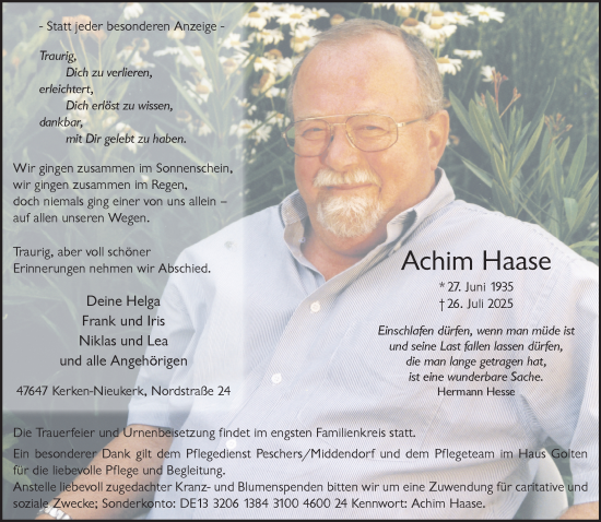 Traueranzeige von Achim Haase von NNA