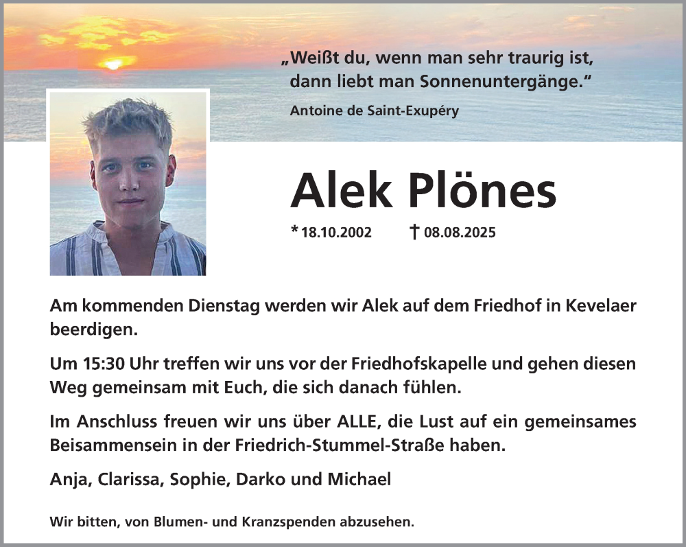  Traueranzeige für Alek Plönes vom 16.08.2025 aus NNA