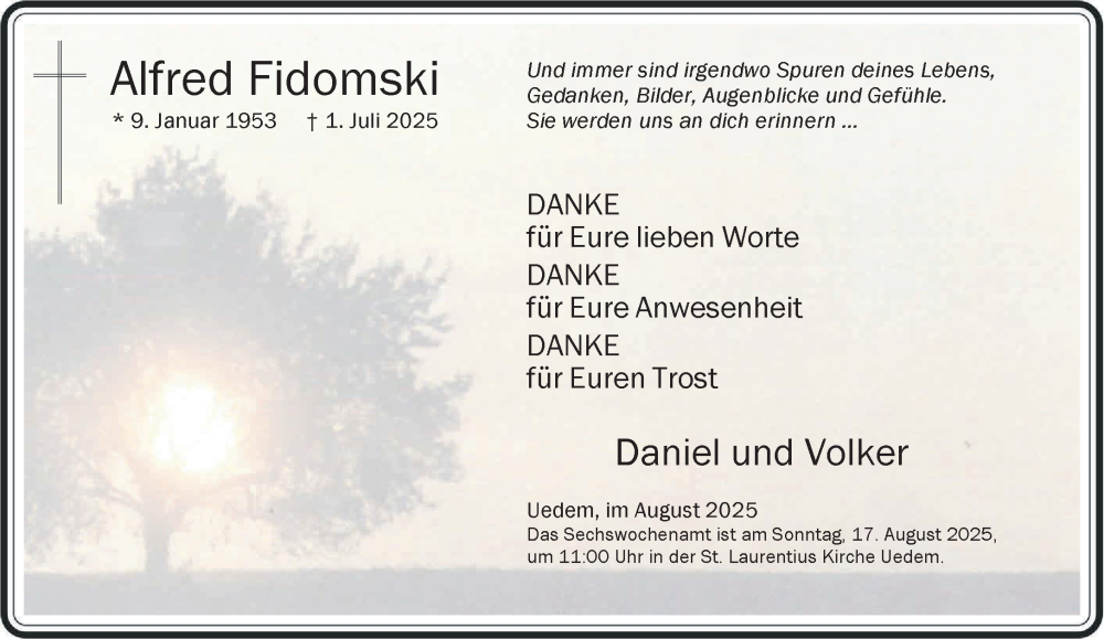  Traueranzeige für Alfred Fidomski vom 16.08.2025 aus NNA