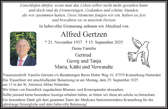 Traueranzeige von Alfred Gertzen von NNA