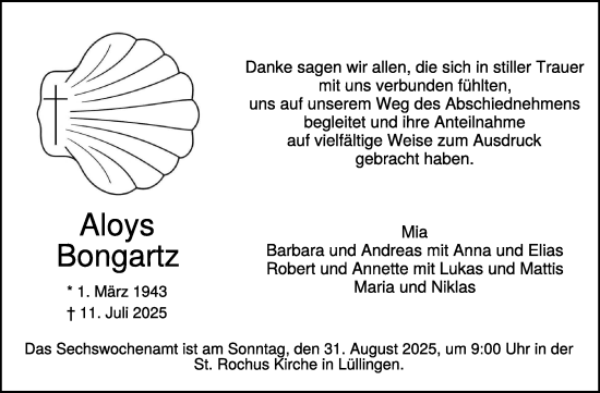 Traueranzeige von Aloys Bongartz von NNA