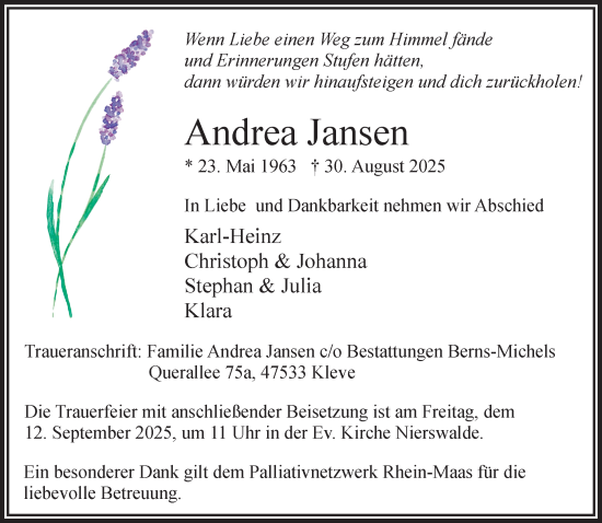 Traueranzeige von Andrea Jansen von NNA