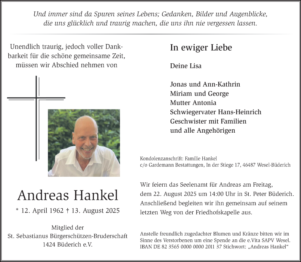  Traueranzeige für Andreas Hankel vom 16.08.2025 aus NNA