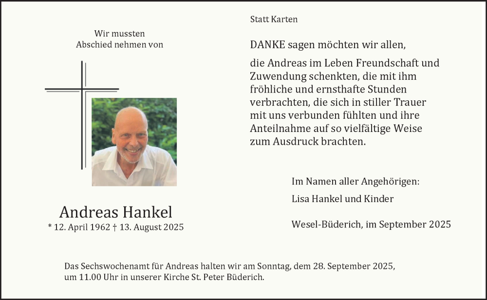  Traueranzeige für Andreas Hankel vom 27.09.2025 aus NNA