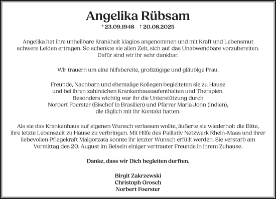 Traueranzeige von Angelika Rübsam von NNA