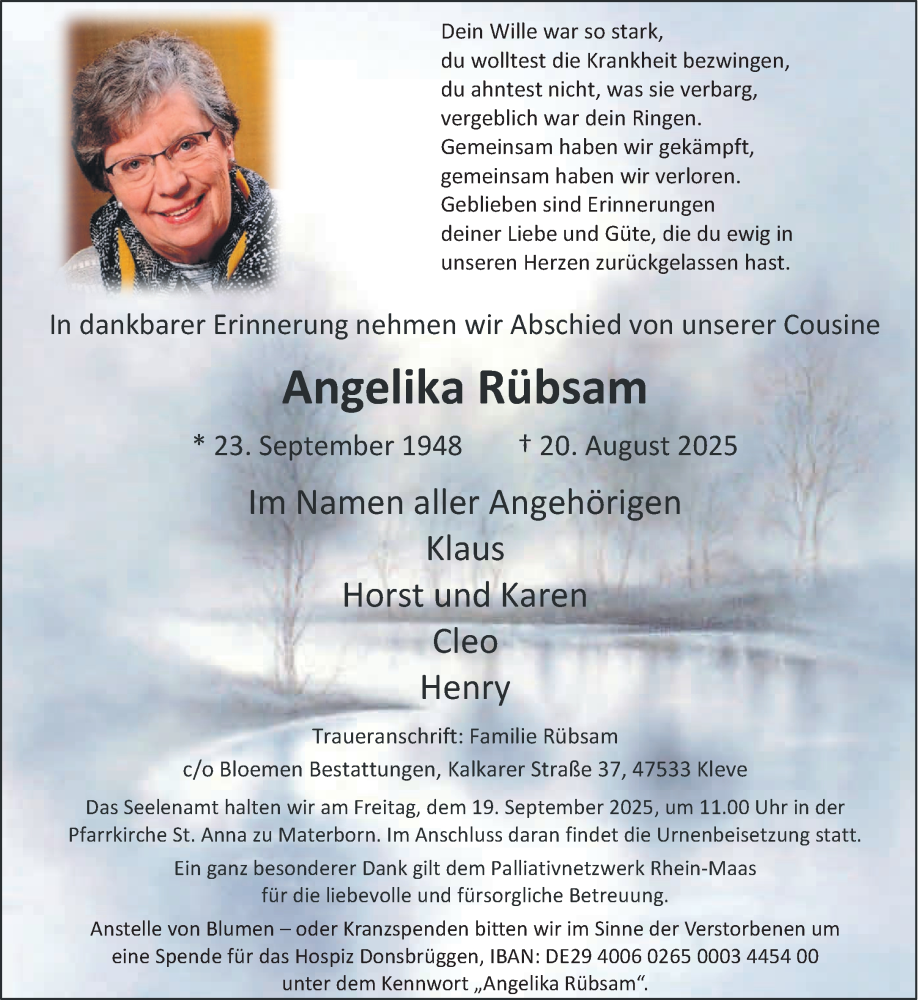  Traueranzeige für Angelika Rübsam vom 05.09.2025 aus NNA