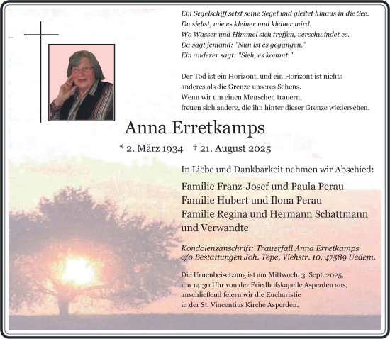 Traueranzeige von Anna Erretkamps von NNA