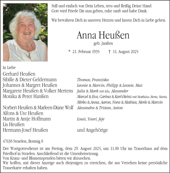 Traueranzeige von Anna Heußen von NNA