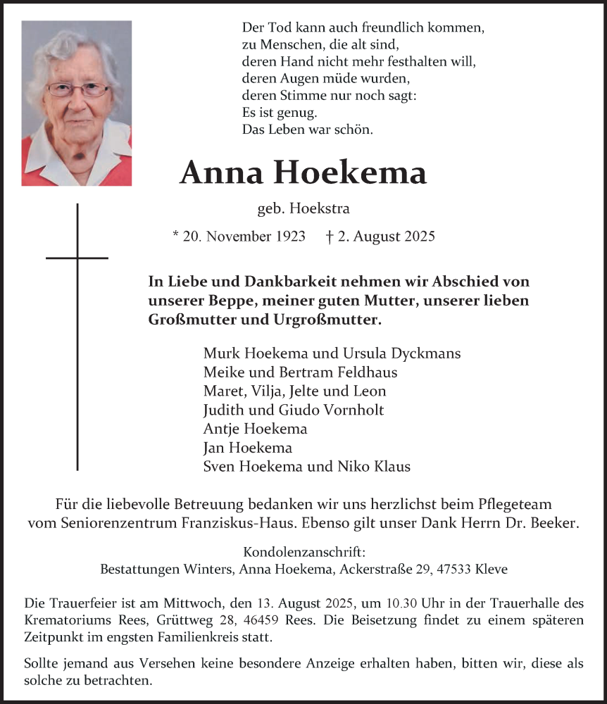  Traueranzeige für Anna Hoekema vom 09.08.2025 aus NNA
