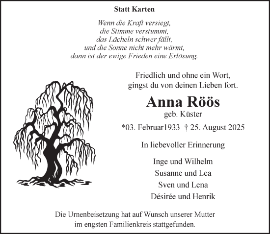 Traueranzeige von Anna Röös von NNA