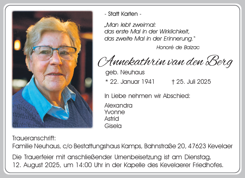  Traueranzeige für Annekathrin van den Berg vom 09.08.2025 aus NNA