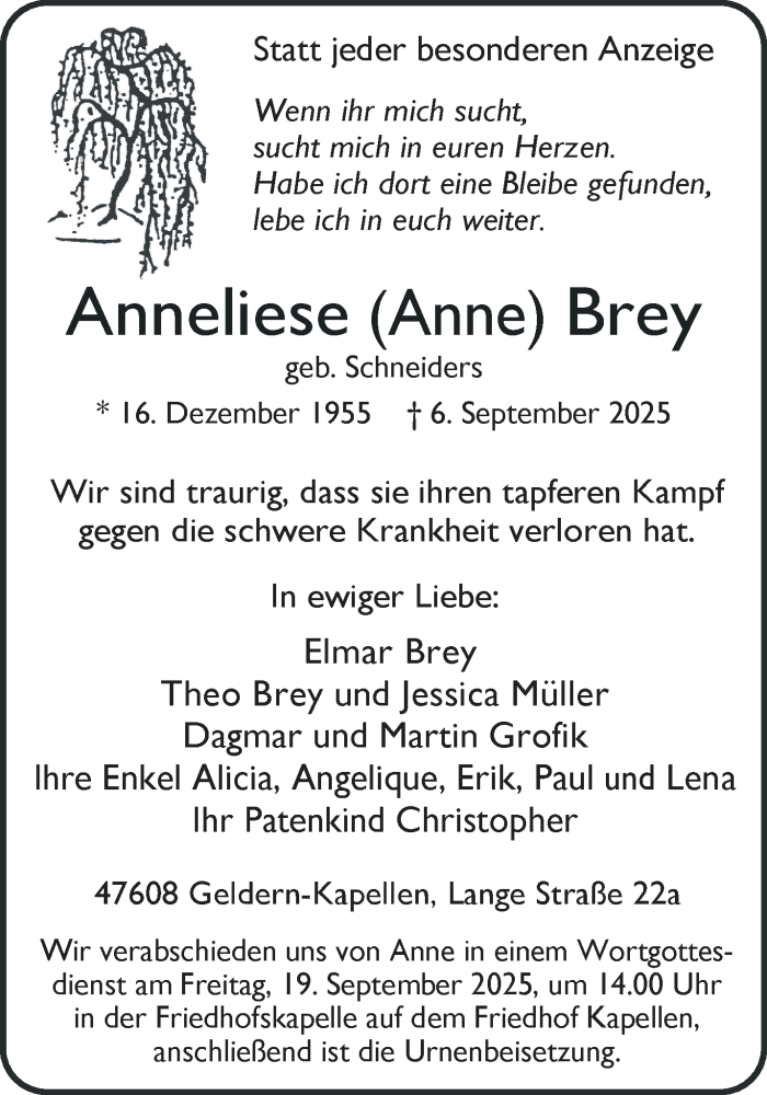  Traueranzeige für Anneliese Brey vom 13.09.2025 aus NNA