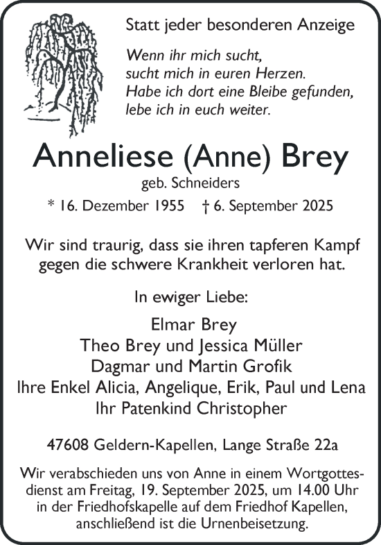 Traueranzeige von Anneliese Brey von NNA