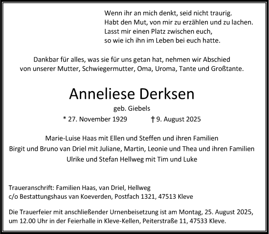 Traueranzeige von Anneliese Derksen von NNA