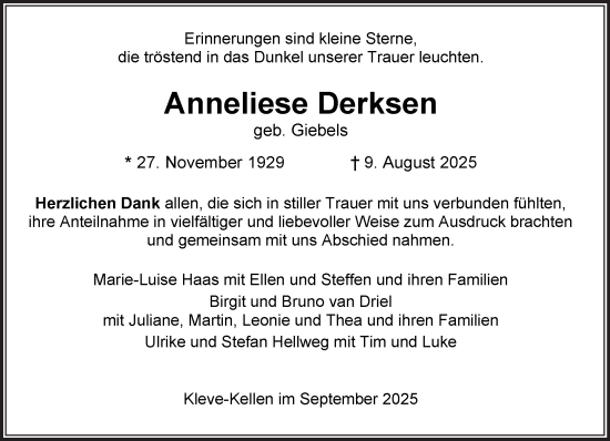 Traueranzeige von Anneliese Derksen von NNA
