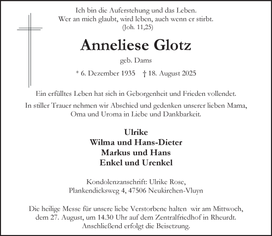 Traueranzeige von Anneliese Glotz von NNA