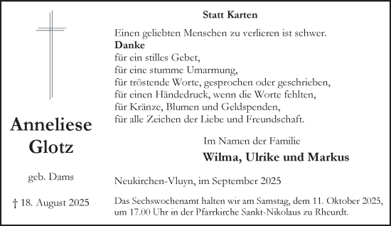 Traueranzeige von Anneliese Glotz von NNA