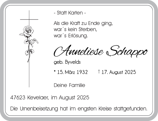 Traueranzeige von Anneliese Schappo von NNA