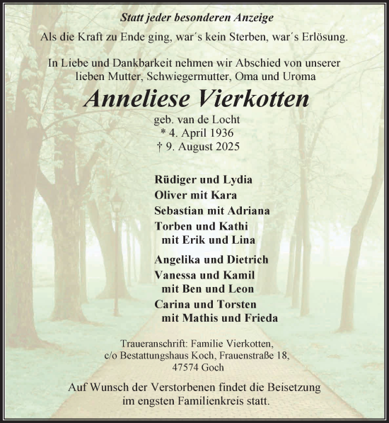 Traueranzeige von Anneliese Vierkotten von NNA