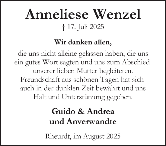 Traueranzeige von Anneliese Wenzel von NNA